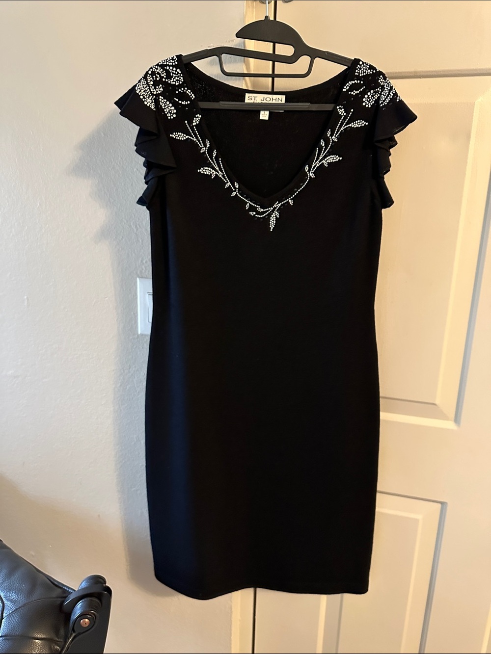 St. John Black V-Neck Dress with Crystal Floral Embellishment
